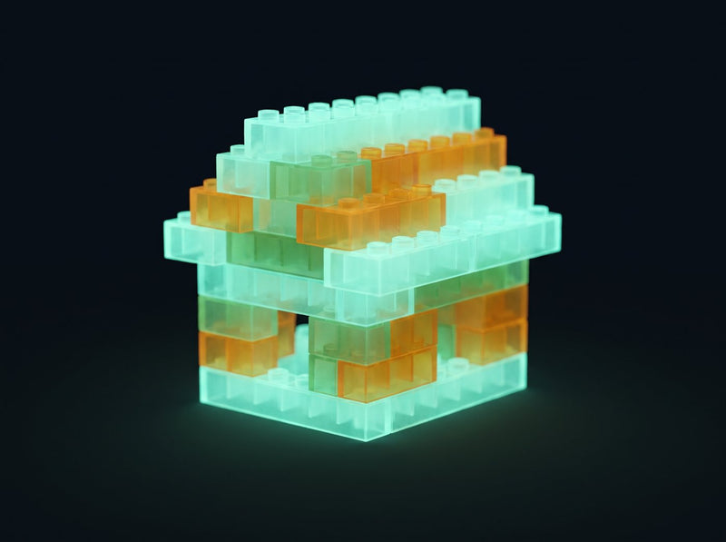 Models built from building bricks on a bedside table, glowing greenish in the dark
