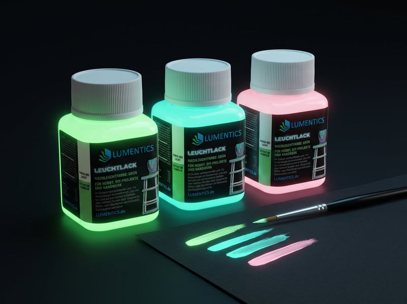 Glow in the dark paint blue-green 100 g: pot in daylight, split diagonally with blue-green glow in the dark