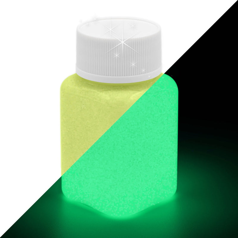 Glitter Glow Paint Yellow 100 g: bottle, yellow with glitter in daylight on the left, green glow in the dark on the right