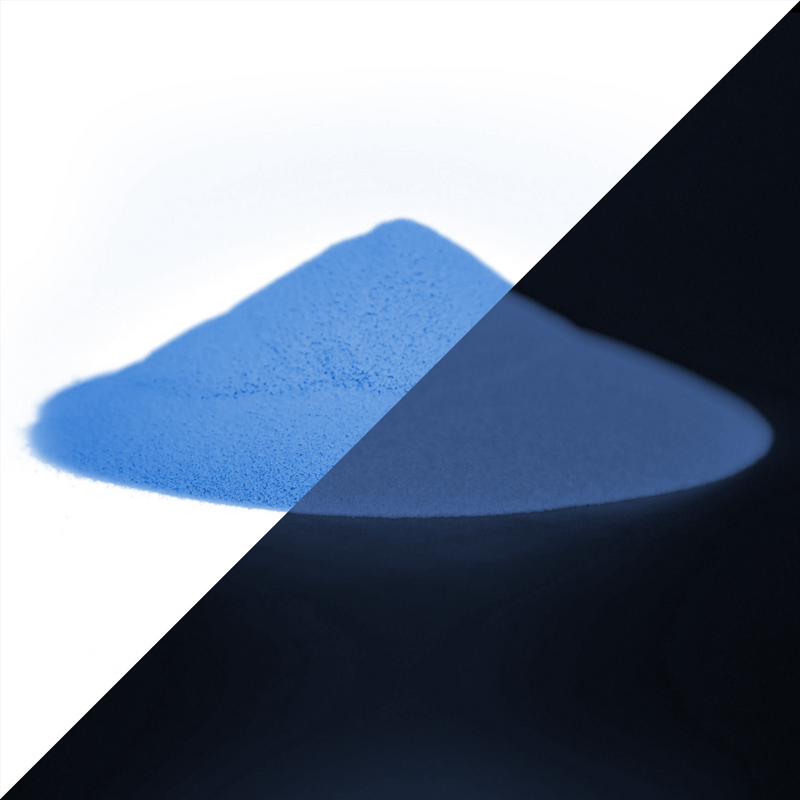 Special Glow Pigments 100 g, blue: powder heap by day and glowing in the dark