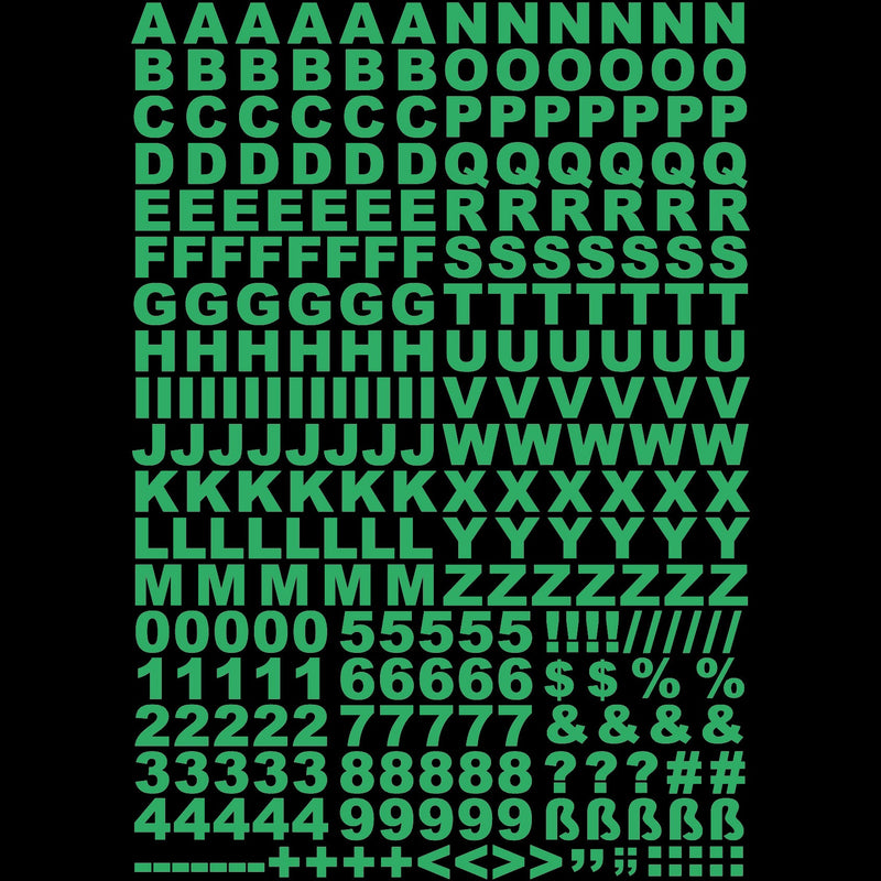 Glow in the dark stickers letters and numbers, A4 sheet with capital letters, digits and punctuation marks in green on a black background