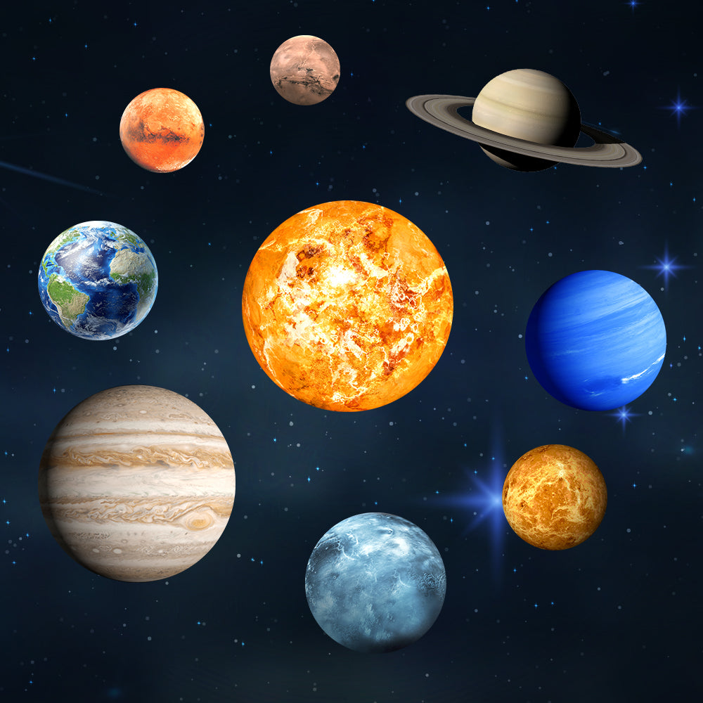 Planet Stickers Solar System, 9 designs: sun and planets against a starry sky in daylight