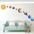 Planet Stickers Solar System in daylight: arc of the sun and eight planets above a sofa