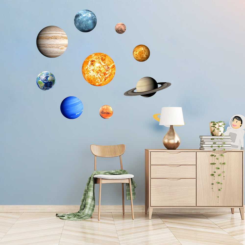 Planet Stickers Solar System in daylight on a light blue wall beside a dresser and chair