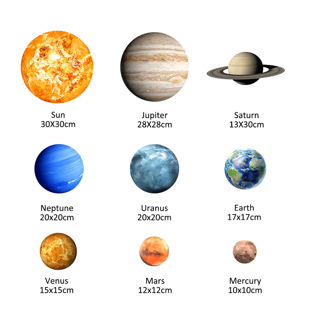 Planet Stickers Solar System: sizes of the 9 designs from sun 30 cm to Mercury 10 cm