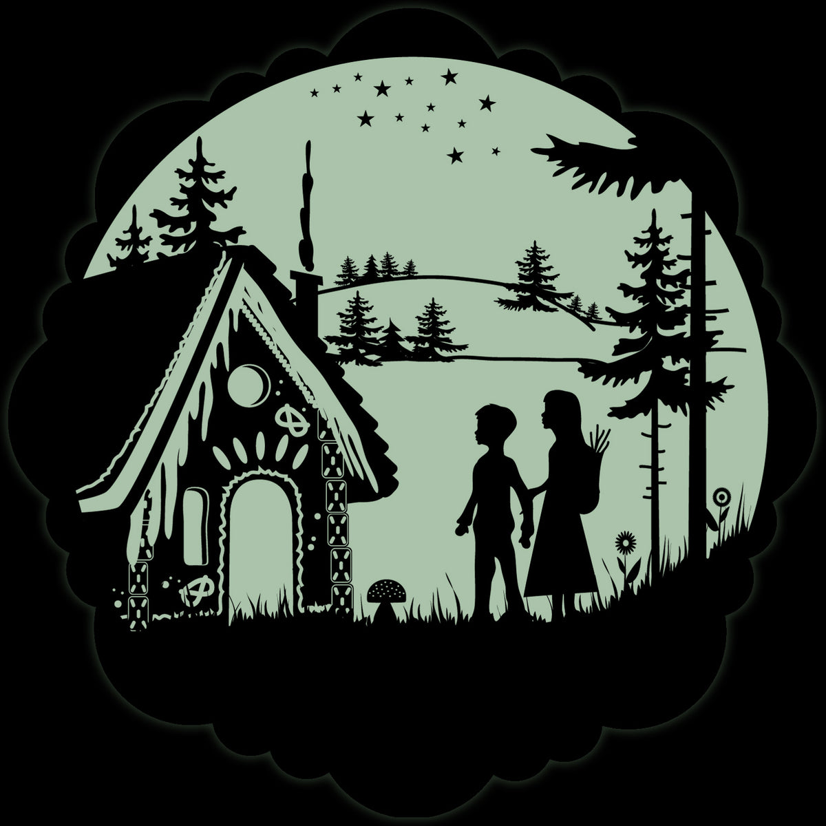 Fairy-Tale Sticker Hansel and Gretel 30 cm: Hansel and Gretel before the gingerbread house in a pale green moon disc, black frame