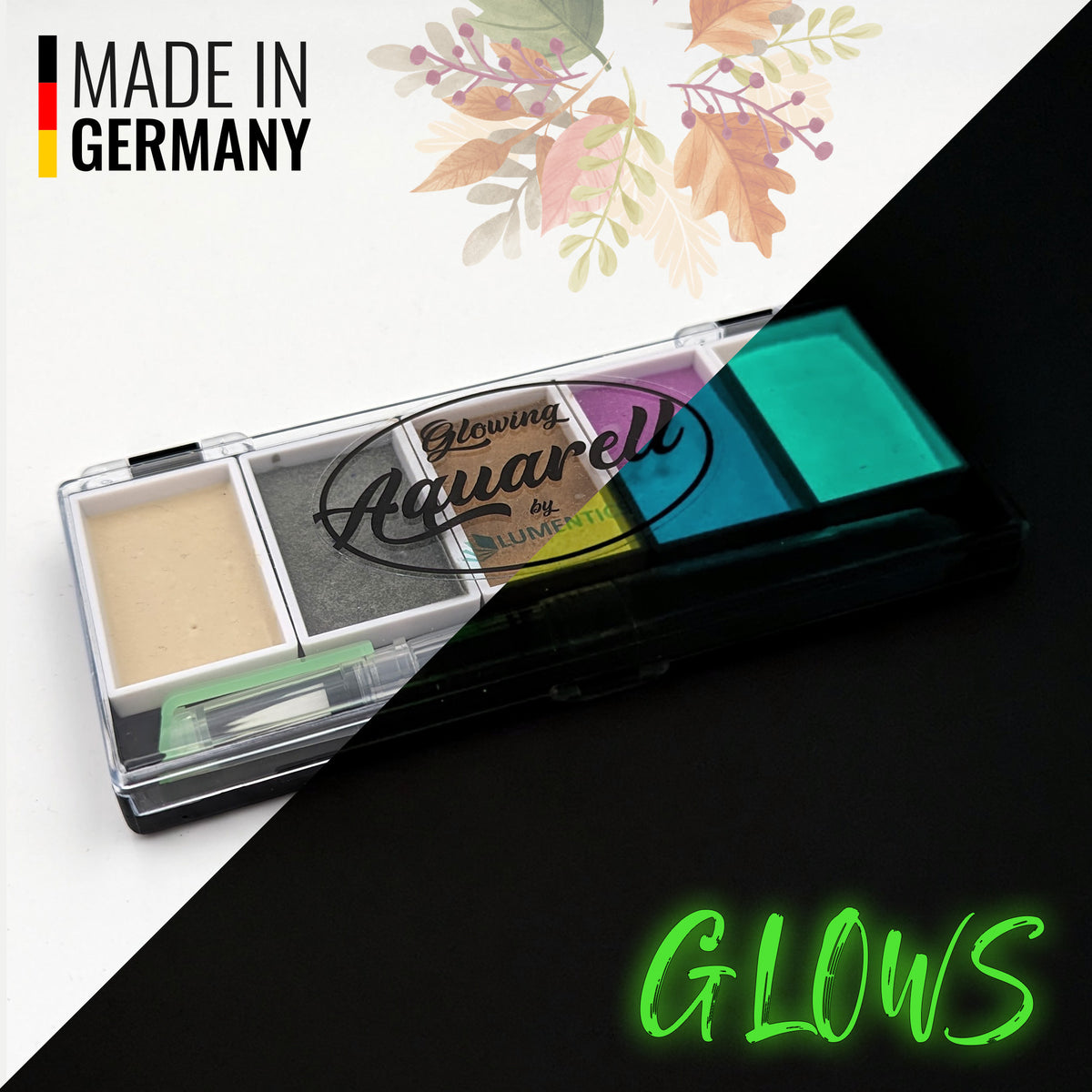 Glow watercolour set Herbstzauber with five paint pans, split diagonally: daylight on the left, glowing in the dark on the right