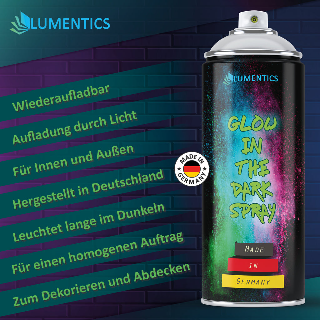 Glow Spray Purple-Blue 400 ml: can with Made in Germany badge next to a list on charging and use