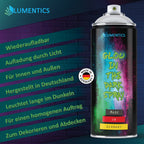 Glow Spray 400 ml: can with Made in Germany badge next to a list on charging and indoor and outdoor use
