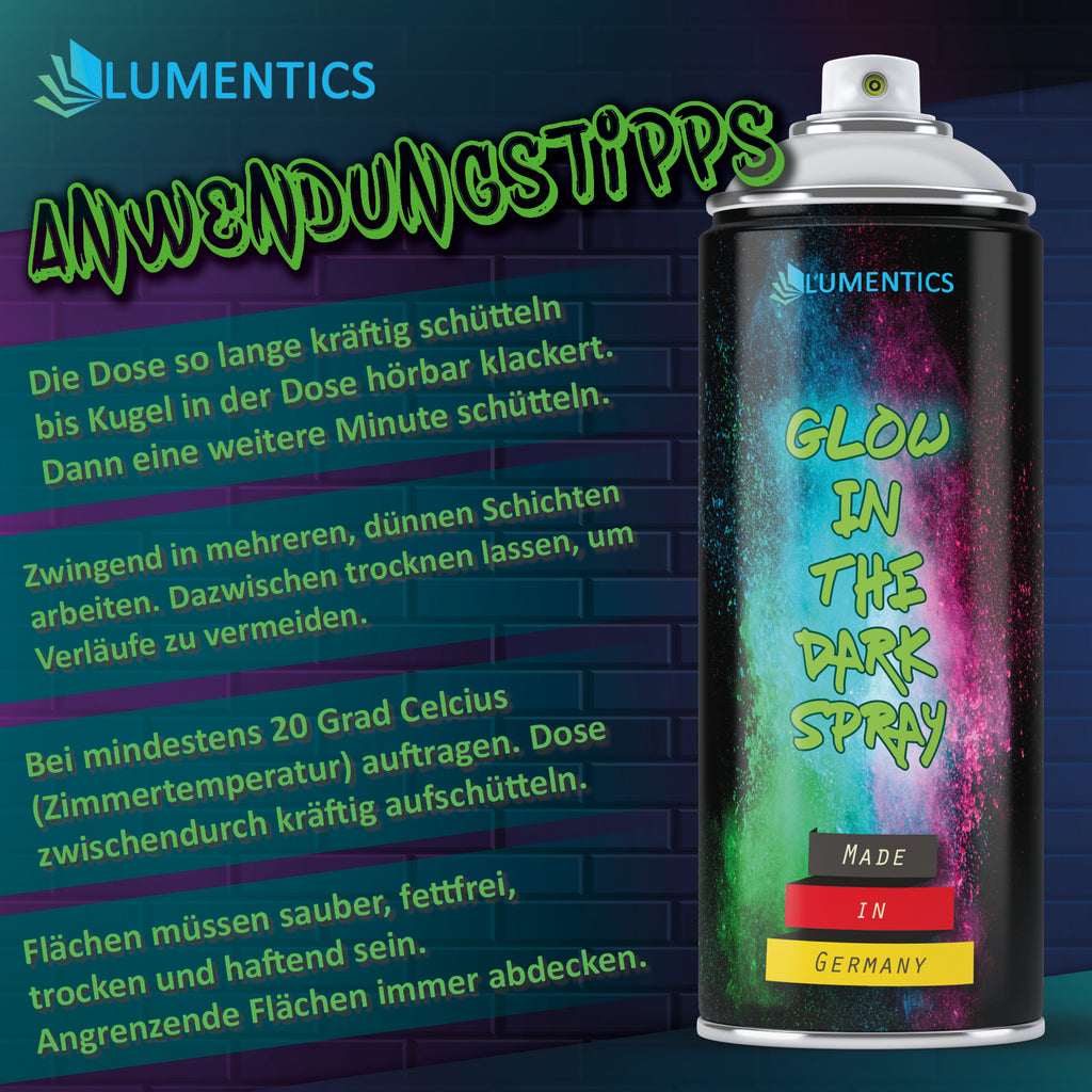 Glow Spray Natural Blue 400 ml, graphic with usage tips on shaking and applying