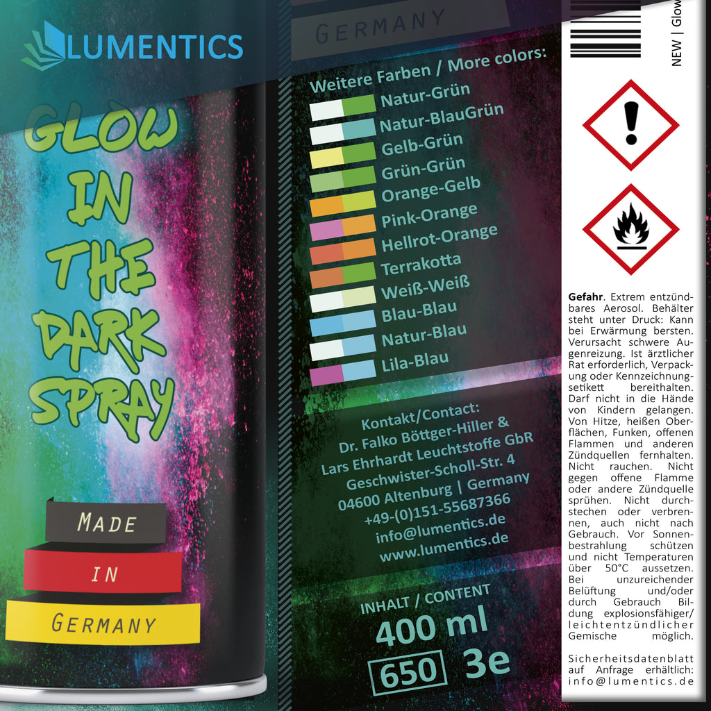 Back of the 400 ml glow spray can with colour list, contact details, hazard pictograms and safety notes