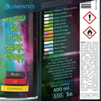 Back of the 400 ml glow spray can with colour list, contact details, hazard pictograms and safety notes