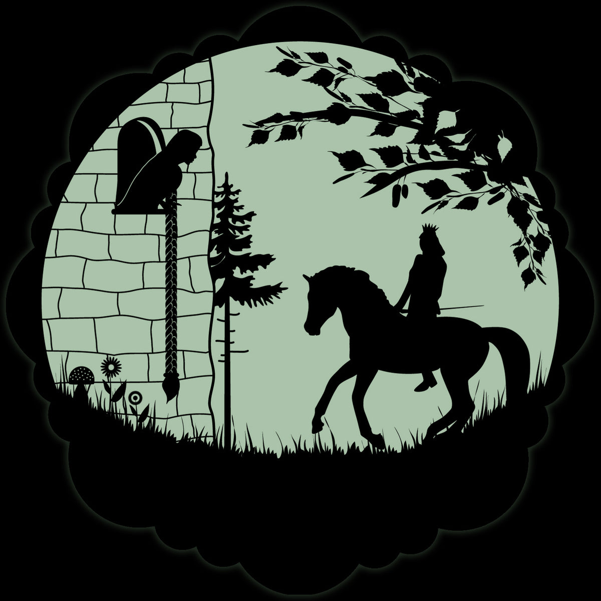 Fairy-Tale Sticker Rapunzel 30 cm in the dark: tower window and rider in silhouette on a pale green circle