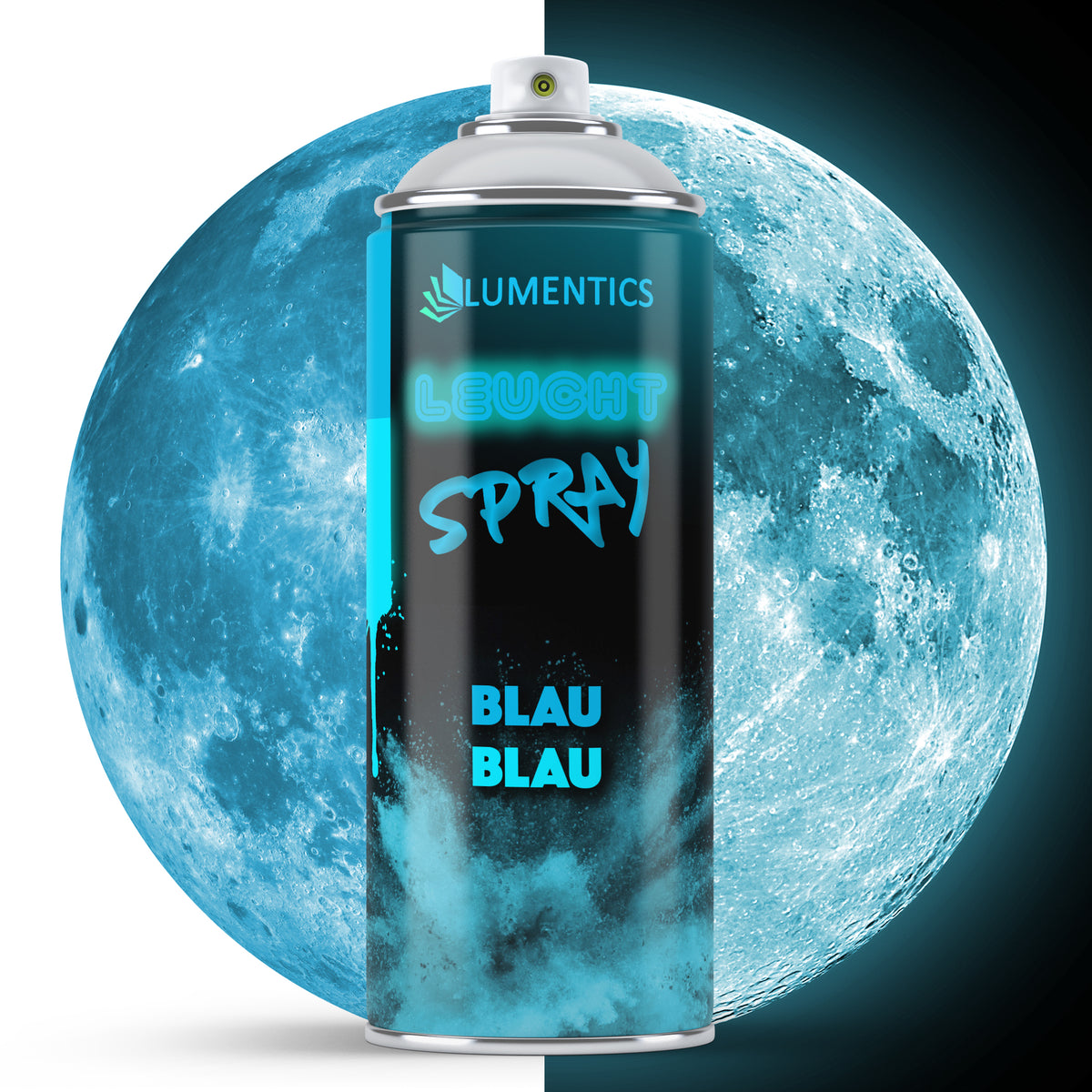 Glow Spray Blue-Blue 400 ml in front of a moon, daylight on the left, glowing blue in the dark on the right