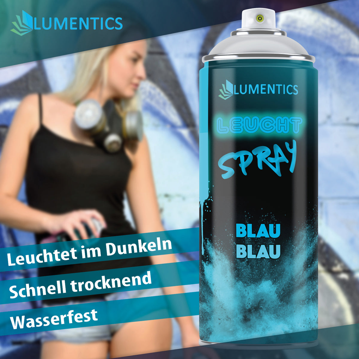 Glow Spray Blue-Blue 400 ml in front of a graffiti wall with a sprayer, with three text banners about the product