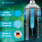 Glow Spray Blue-Blue 400 ml, graphic with colour swatches in light and in the dark and a Made in Germany badge