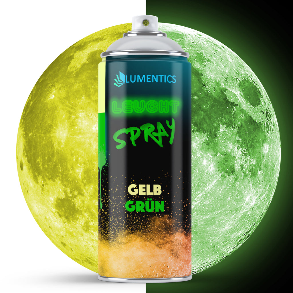 Glow Spray Yellow-Green 400 ml: can in front of a moon, yellow-green in daylight on the left, glowing green in the dark on the right