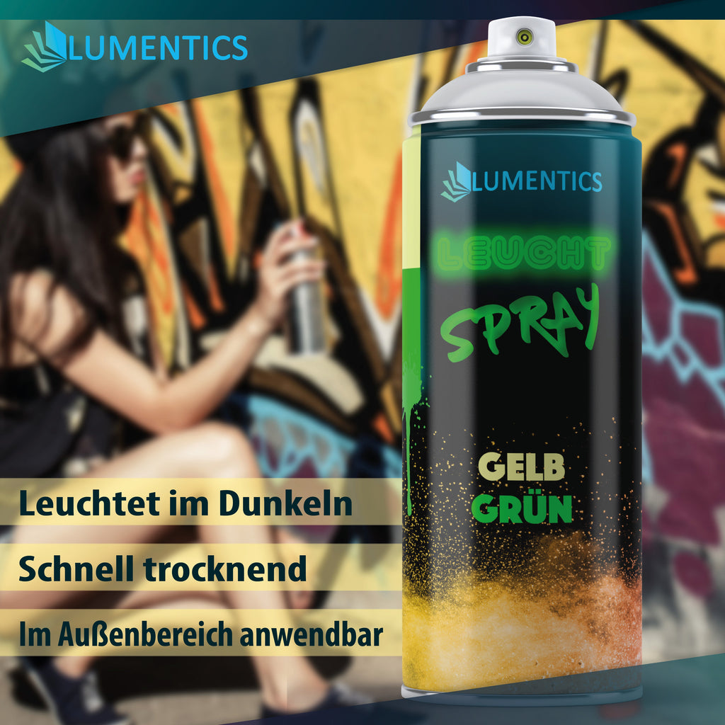 Glow Spray Yellow-Green 400 ml: can in front of a graffiti wall, woman spraying with a spray can