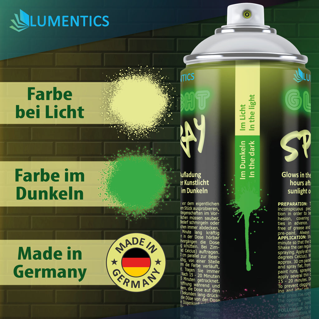 Glow Spray Yellow-Green 400 ml: spray colour pale yellow in light, green in the dark, can with label