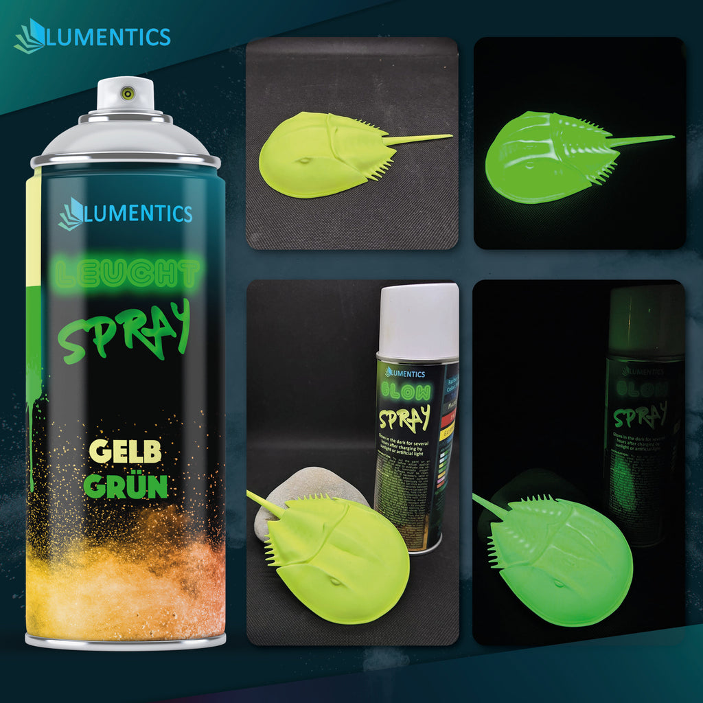 Glow Spray Yellow-Green 400 ml: can and example of use, yellow-green figure in daylight and glowing in the dark
