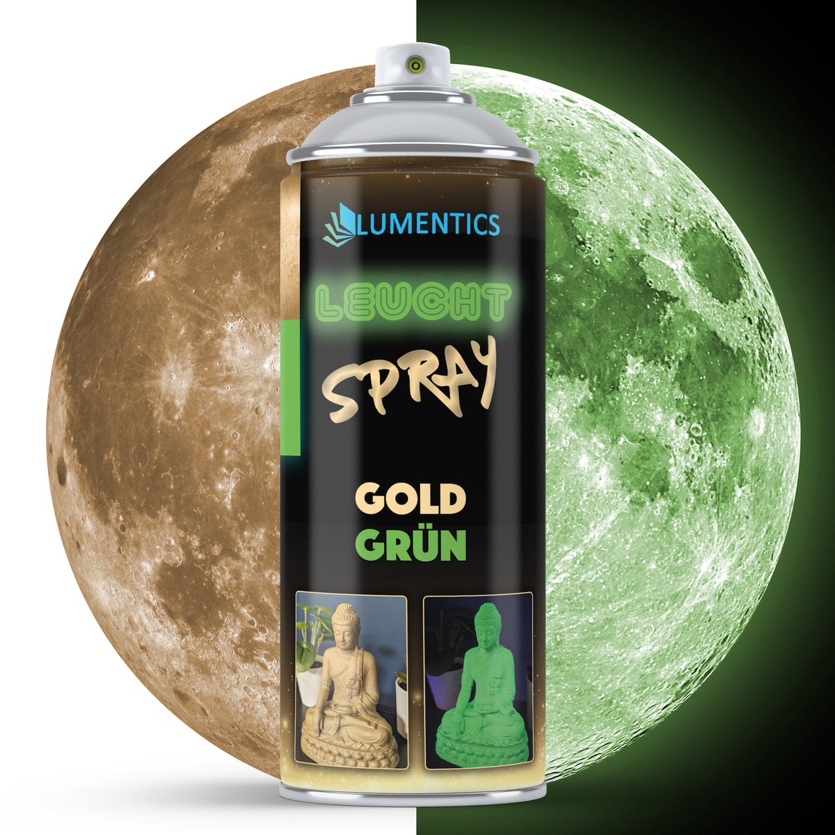 Glow Spray Gold-Green 400 ml: can in front of the moon, gold in daylight on the left, green glow in the dark on the right
