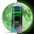 Glow Spray Green-Green 400 ml: can in front of a moon, green in daylight on the left, glowing in the dark on the right