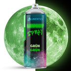 Glow Spray Green-Green 400 ml: can in front of a moon, green in daylight on the left, glowing in the dark on the right