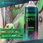 Glow Spray Natural Green 400 ml: hand spraying a graffiti wall, with text banners on features