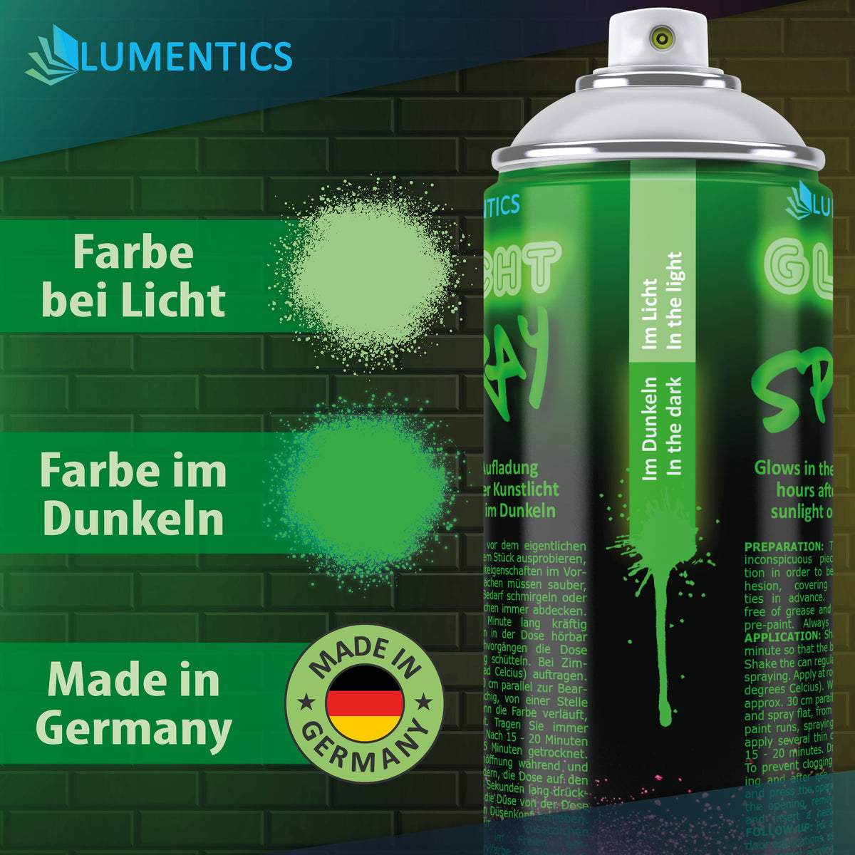 Glow Spray Natural Green 400 ml: close-up, spray patches in light and dark, Made in Germany seal