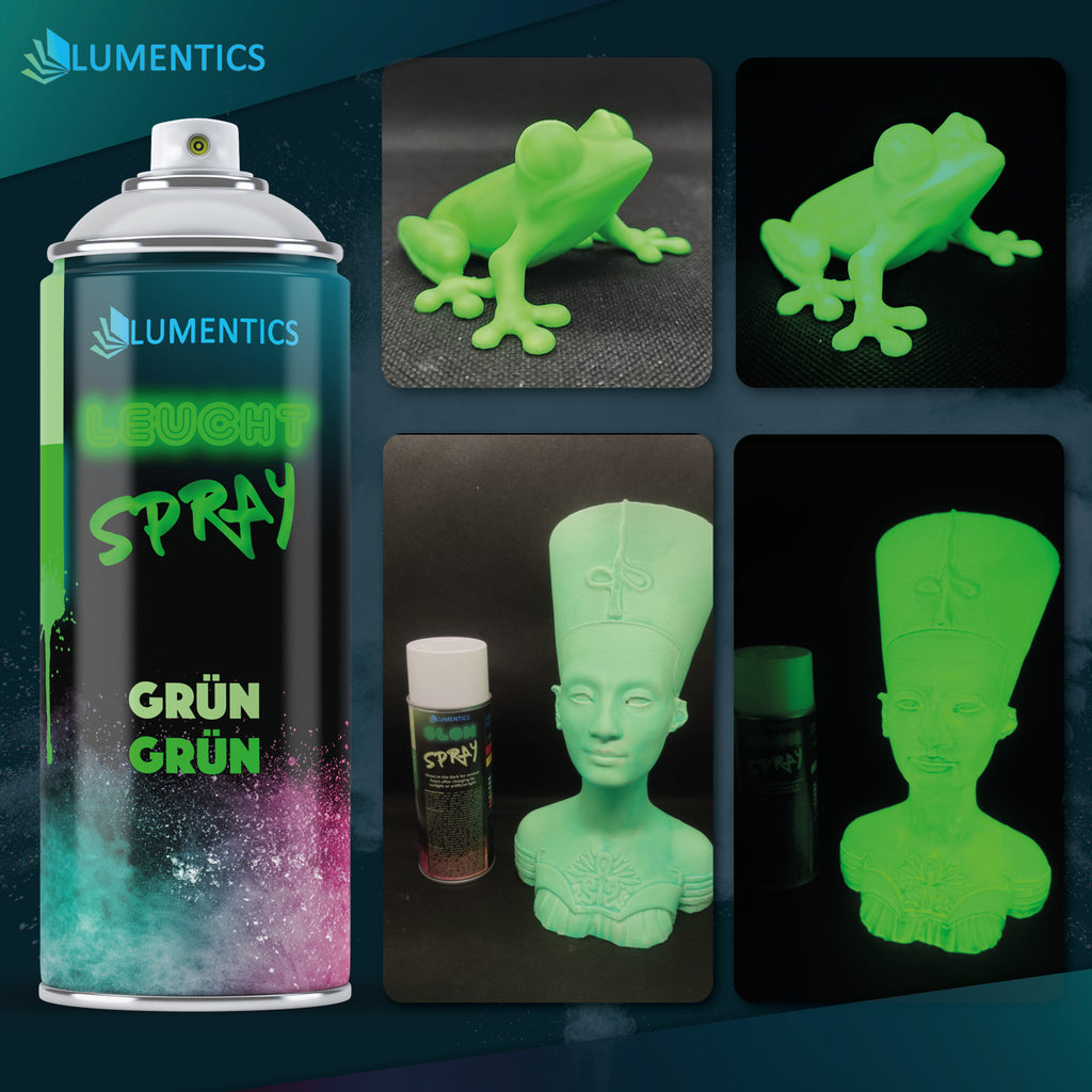 Glow Spray Green-Green 400 ml: can beside photos of a frog and a bust, in light and glowing in the dark