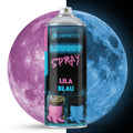 Glow Spray Purple-Blue 400 ml: can in front of a moon, purple in light on the left, glowing blue in the dark on the right