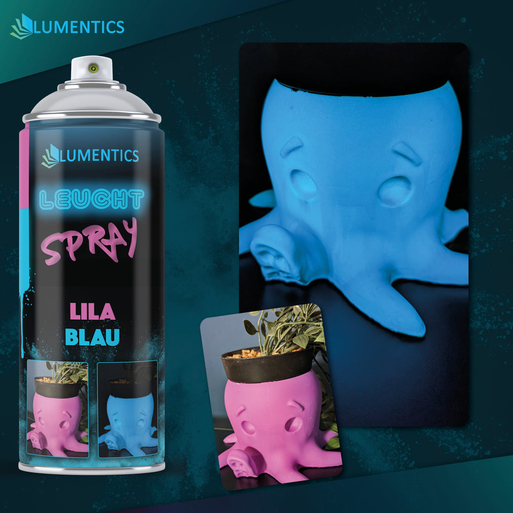 Glow Spray Purple-Blue 400 ml: can and octopus figure, purple by day and glowing blue in the dark