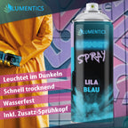 Glow Spray Purple-Blue 400 ml: can in front of graffiti, person in a yellow raincoat holding a can behind their back