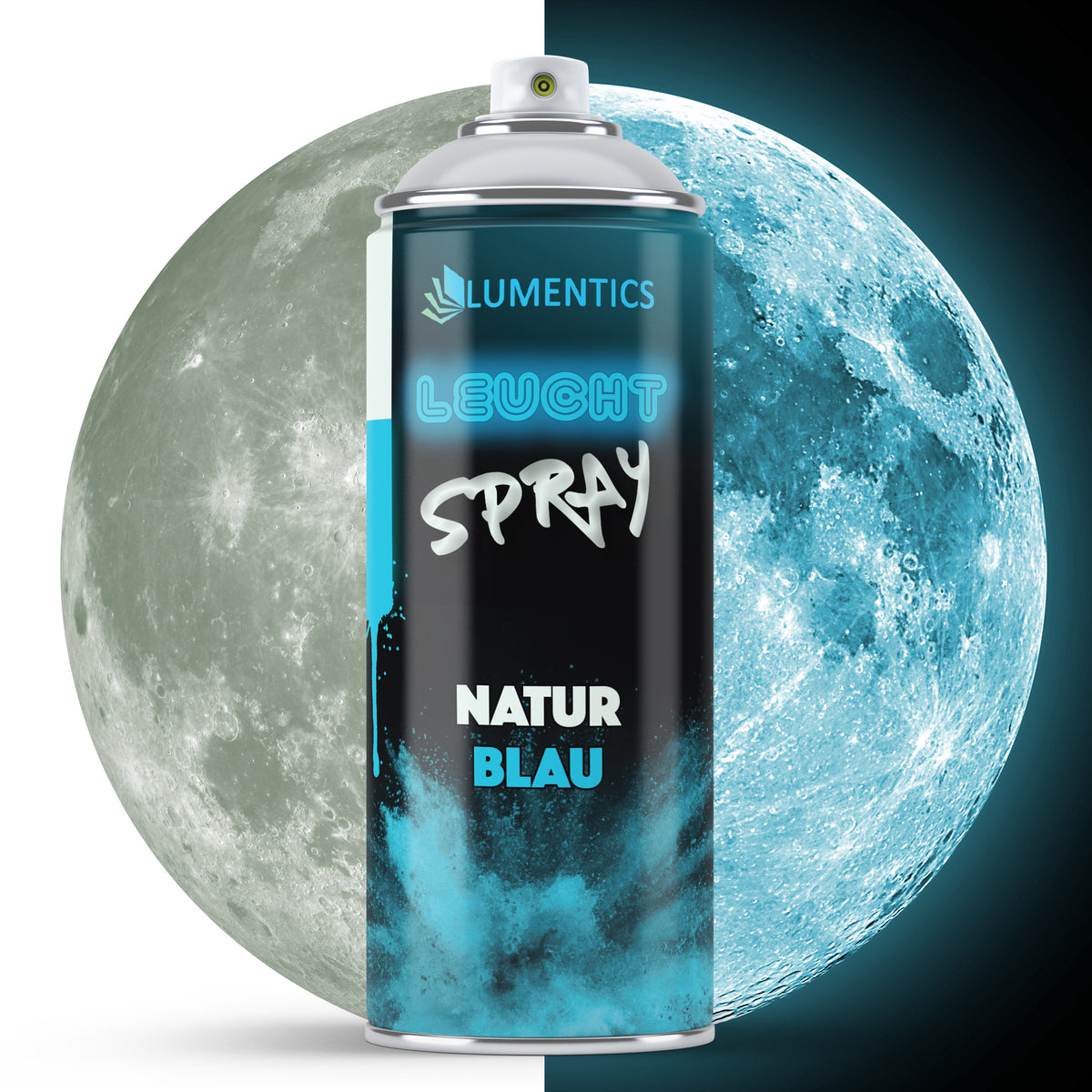 Glow Spray Natural Blue 400 ml: can in front of the moon, pale grey in daylight on the left, blue glow in the dark on the right