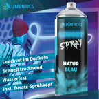 Glow Spray Natural Blue 400 ml, can in front of graffiti with a person in a beanie, graphic with bullet points