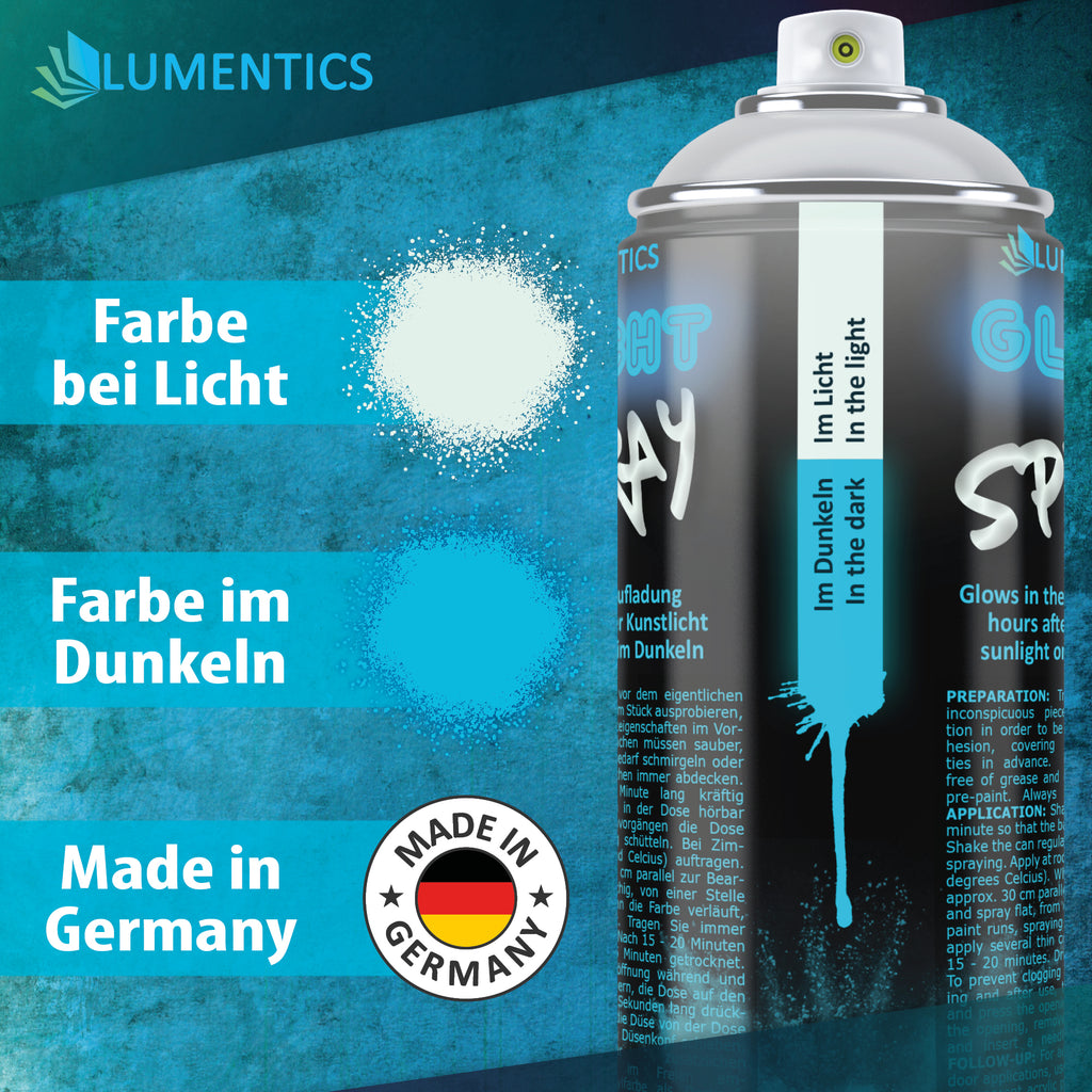 Glow Spray Natural Blue 400 ml: spray patches in light (whitish) and in the dark (blue), can label