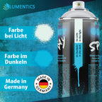 Glow Spray Natural Blue 400 ml: spray patches in light (whitish) and in the dark (blue), can label