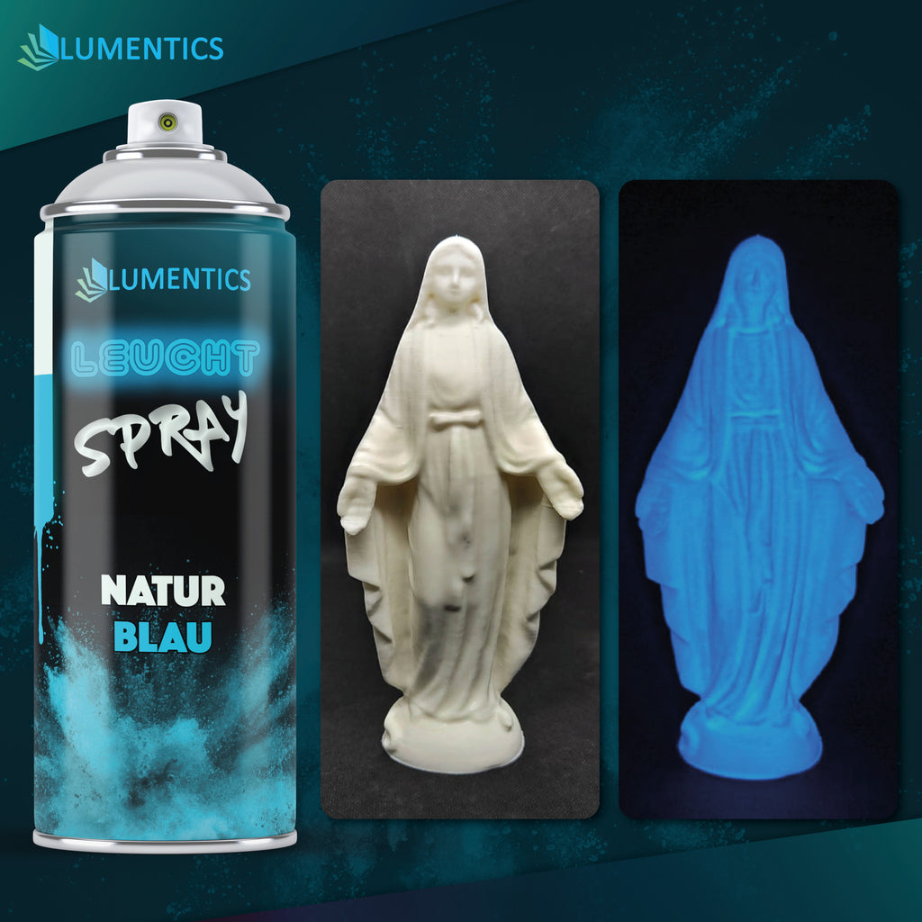 Glow Spray Natural Blue 400 ml: white Madonna figure in light and glowing blue in the dark