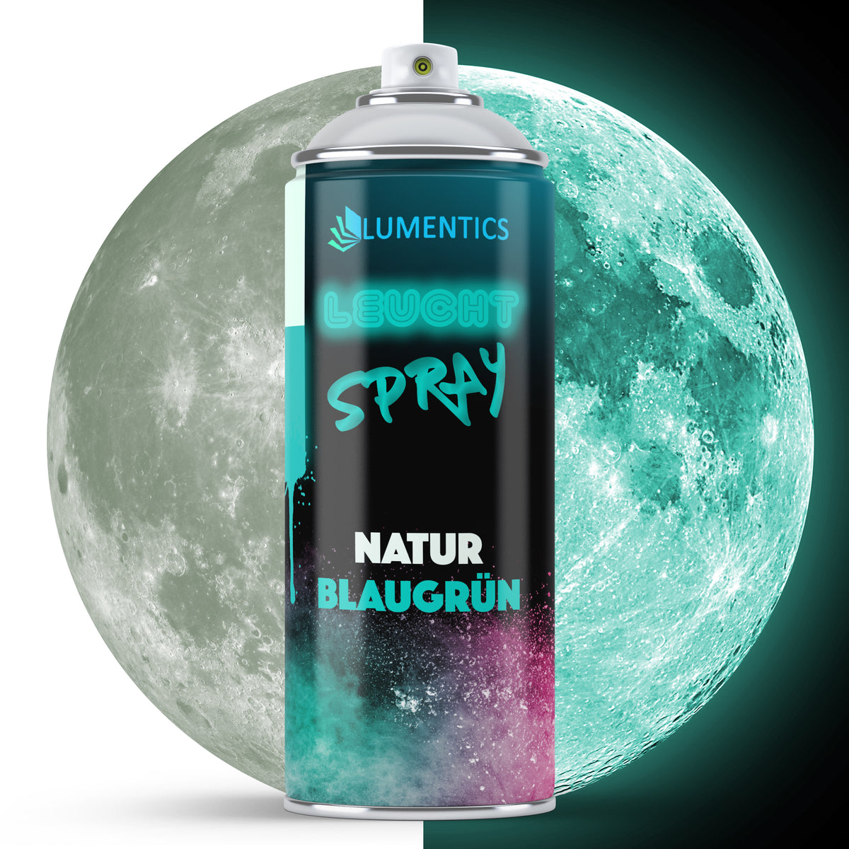 Glow Spray Natural Blue-Green 400 ml, can in front of the moon: grey by day, blue-green glow in the dark