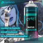 Glow Spray Natural Blue-Green 400 ml, can by a graffiti wall; graphic: glows in the dark, quick drying