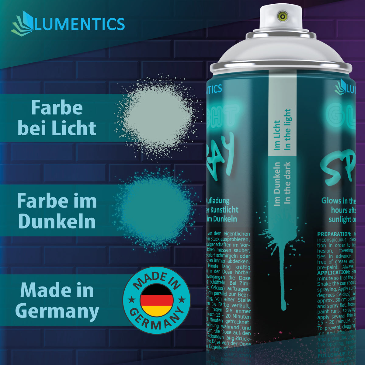 Glow Spray Natural Blue-Green 400 ml: spray patches in light and dark, can with Made in Germany seal