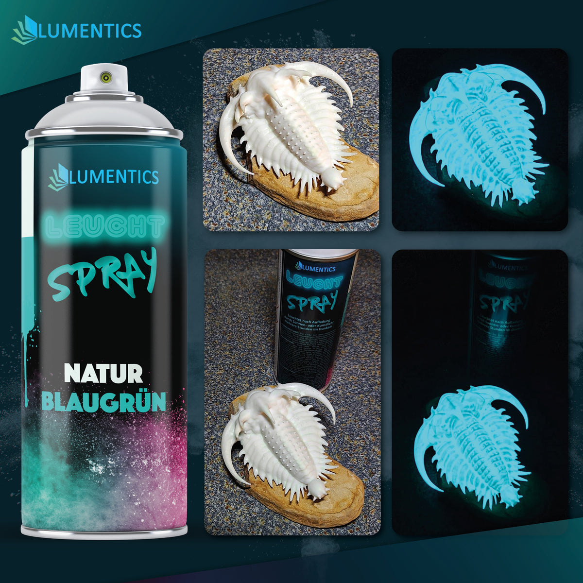 Glow Spray Natural Blue-Green 400 ml: painted trilobite figure white in light, light blue glow in the dark