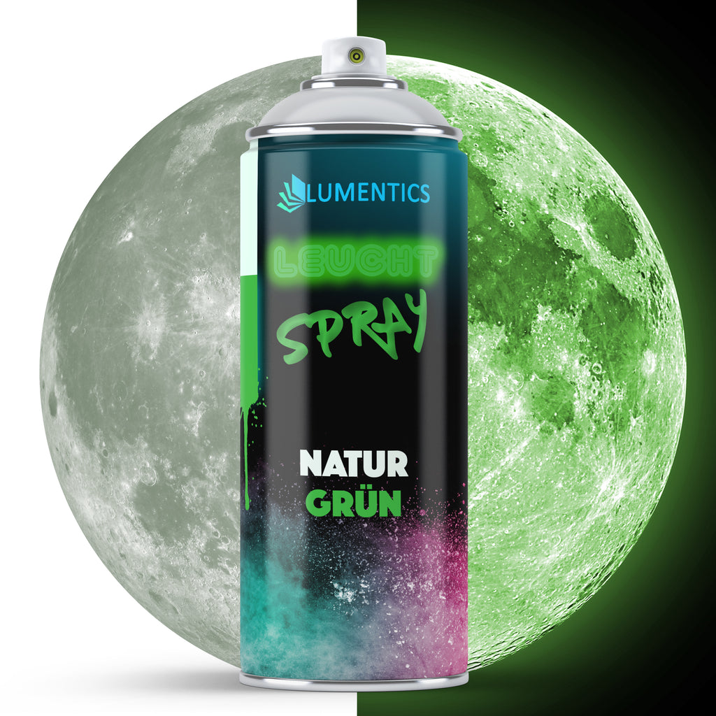 Glow Spray Natural Green 400 ml: can in front of a moon, grey in daylight on the left, glowing green in the dark on the right