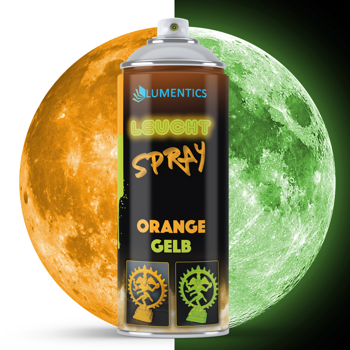 Glow Spray Orange-Yellow 400 ml: can in front of a moon, orange in daylight on the left, glowing green in the dark on the right