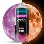 Glow spray pink 400 ml: can in front of the moon, pink in daylight on the left, orange in the dark on the right