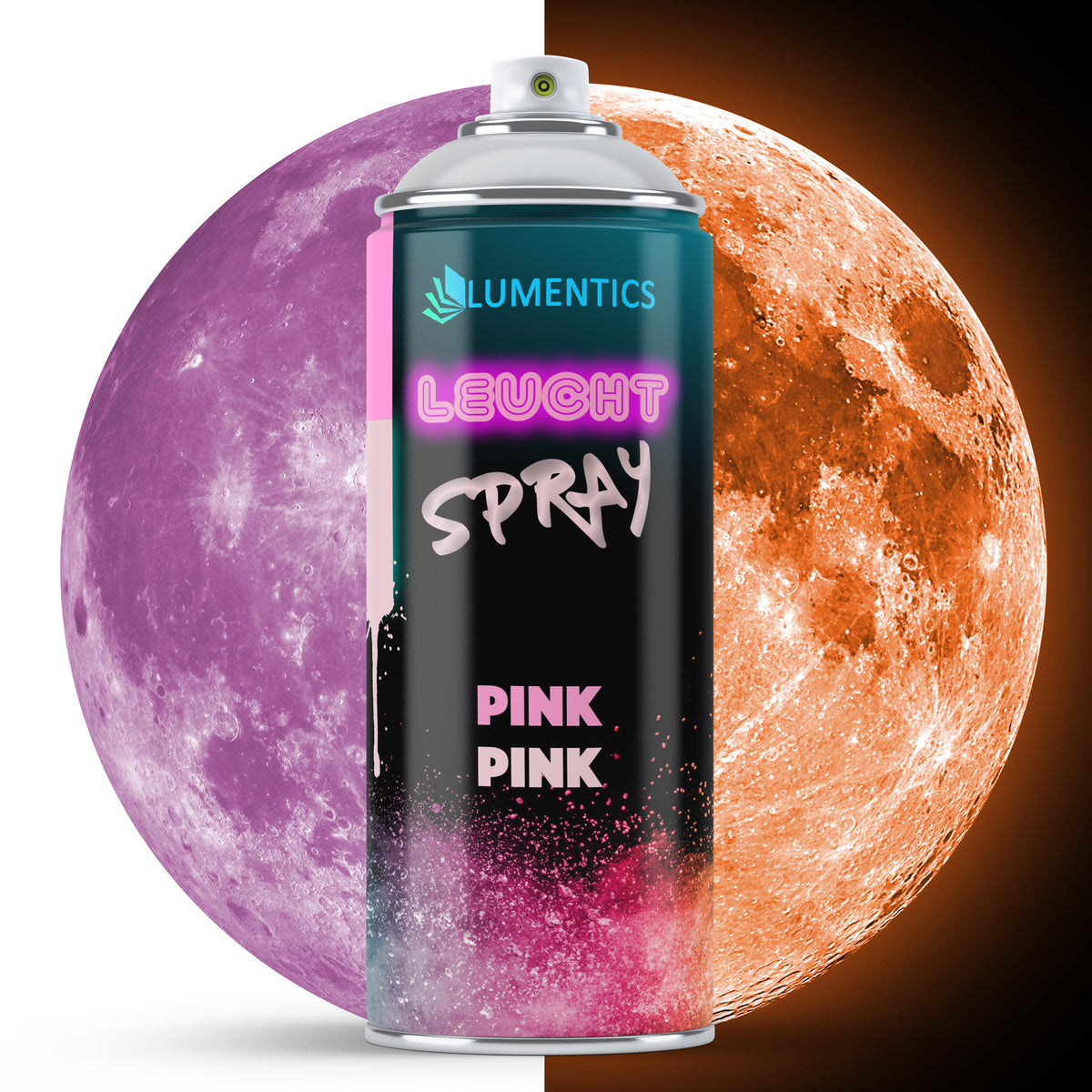 Glow spray pink 400 ml: can in front of the moon, pink in daylight on the left, orange in the dark on the right