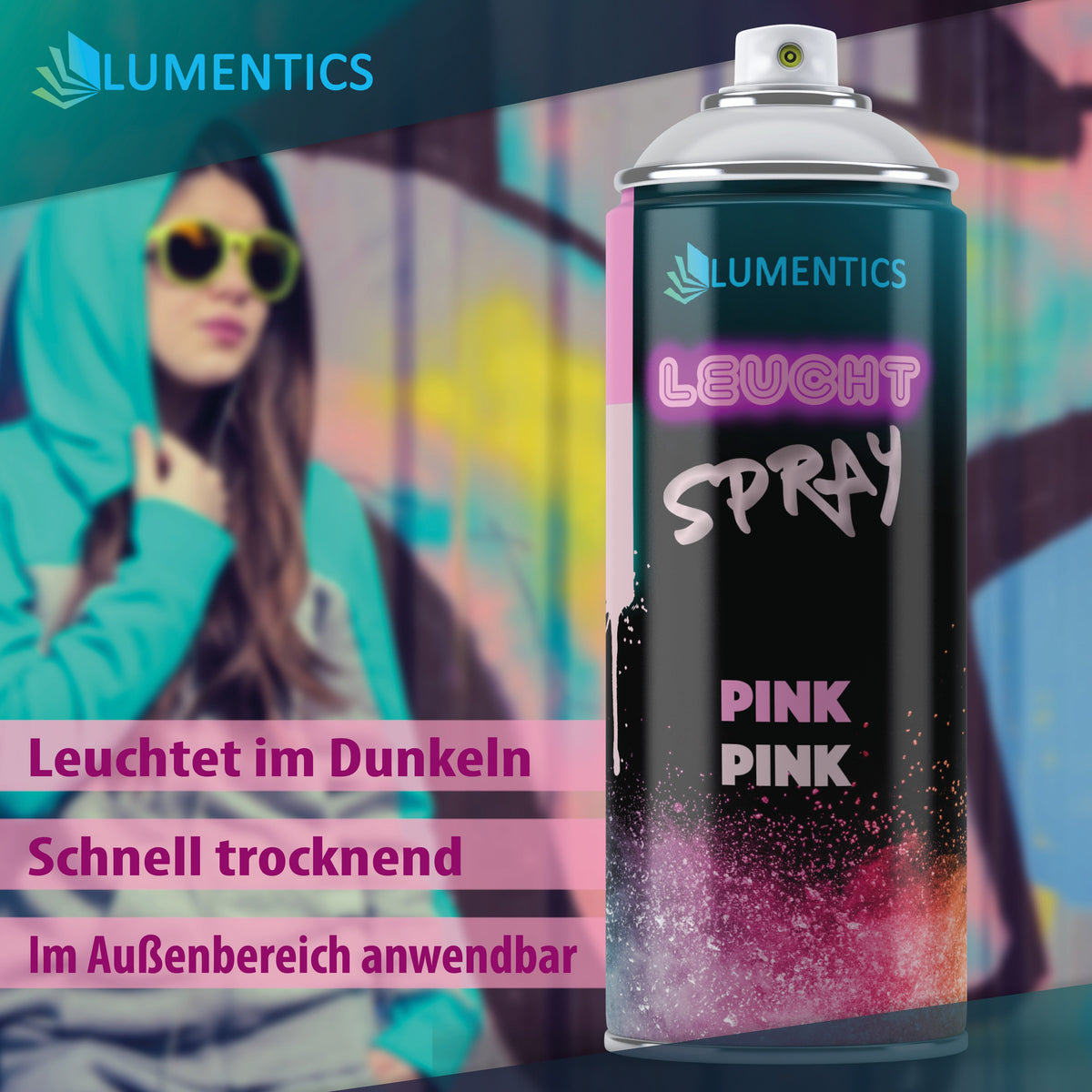 Glow spray pink 400 ml in front of a graffiti wall, graphic with bullet points on properties