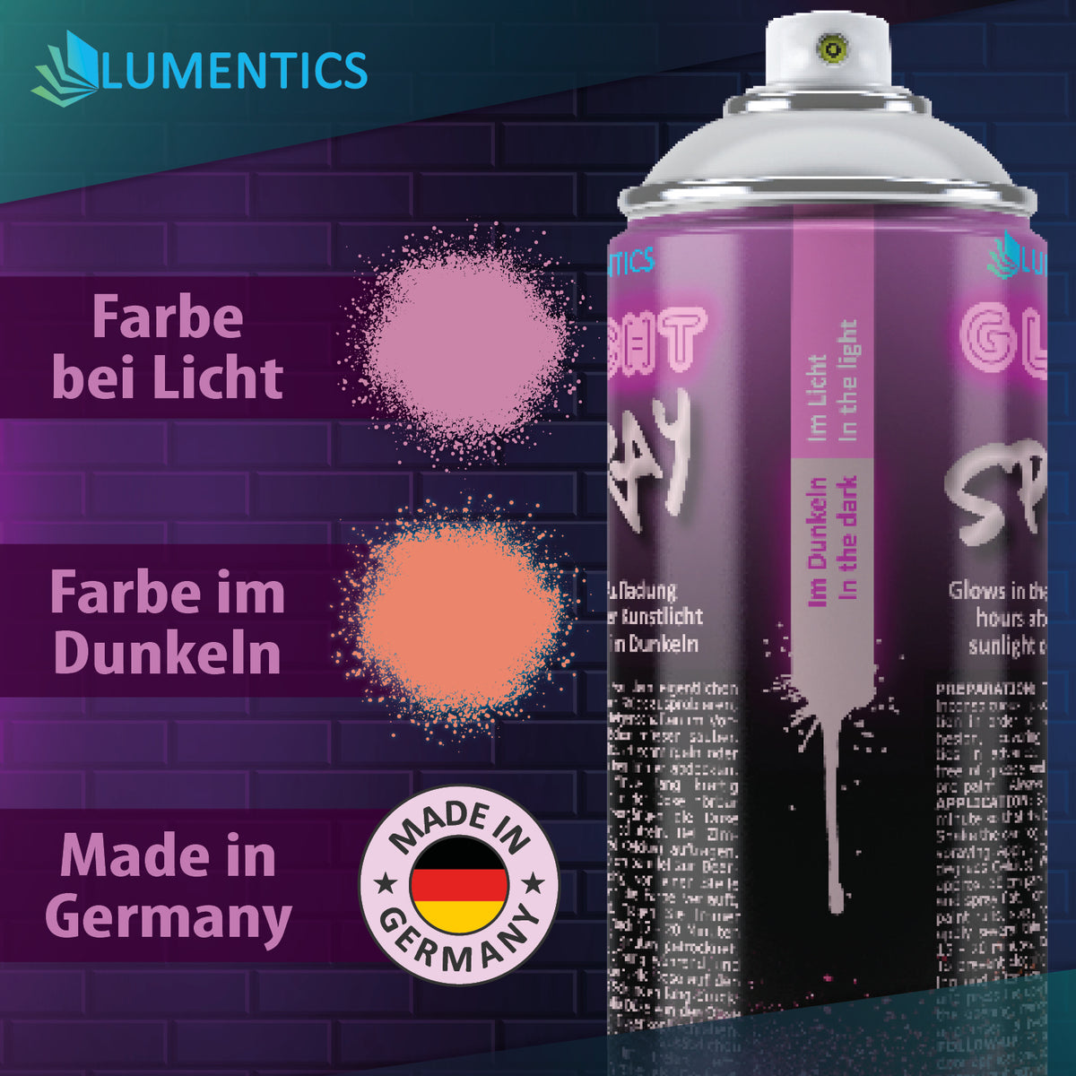 Glow spray pink 400 ml: colour samples pink in daylight and orange in the dark, Made in Germany graphic
