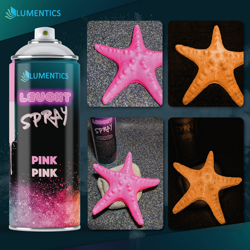 Glow spray pink 400 ml: sprayed starfish pink in daylight, glowing orange in the dark