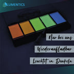Glow Watercolour Set Rainbow: five pans glowing in the dark from orange to blue, graphic with bullet points